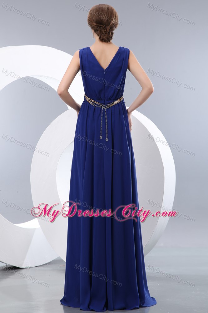 Simple Blue V-neck Belt Ruches Prom Cocktail Dress with Floor-length