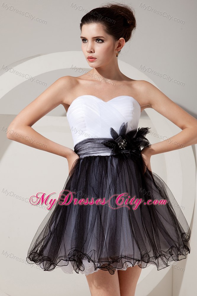 White and Black Sweetheart Sash Ruches Cocktail Dress for Girl 2013