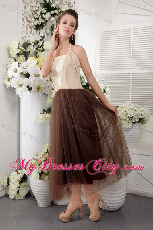 Empire Halter Tea-length Brown Tulle Semi-formal Cocktail Dress