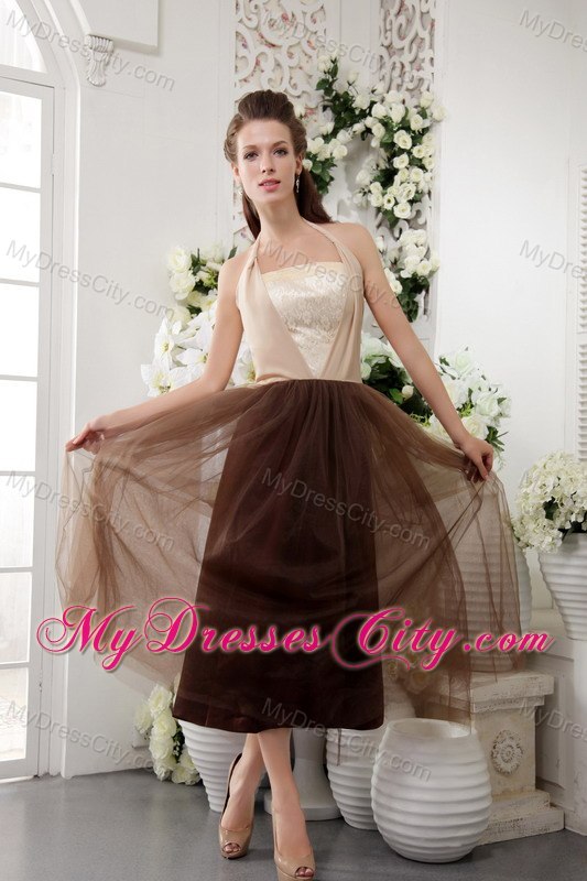 Empire Halter Tea-length Brown Tulle Semi-formal Cocktail Dress