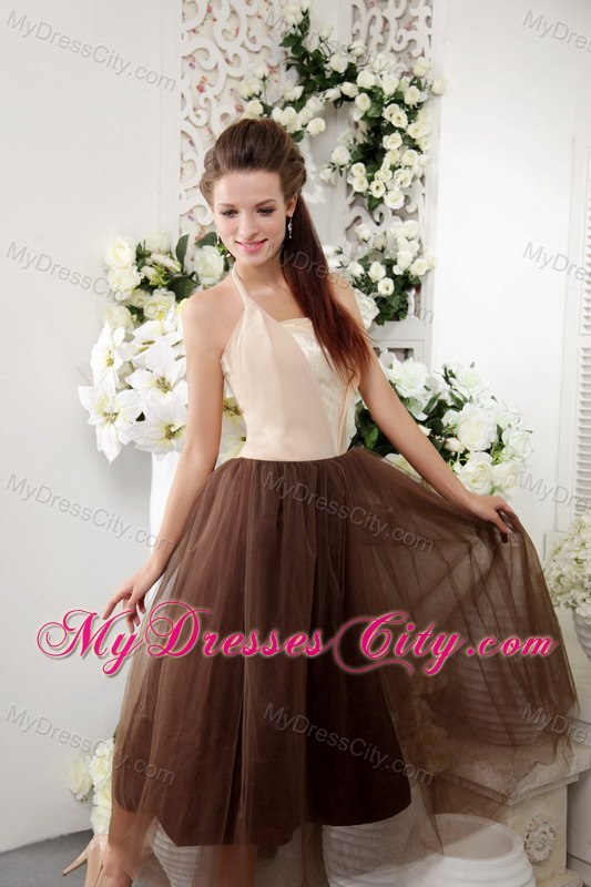 Empire Halter Tea-length Brown Tulle Semi-formal Cocktail Dress