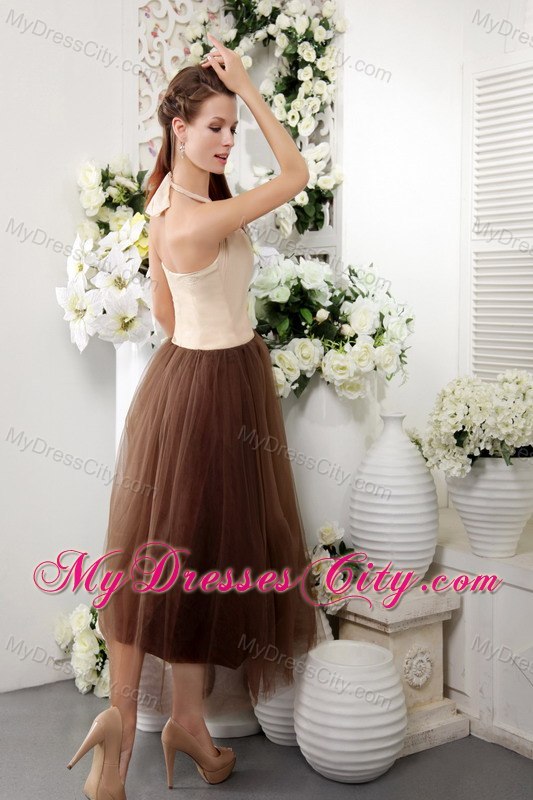 Empire Halter Tea-length Brown Tulle Semi-formal Cocktail Dress