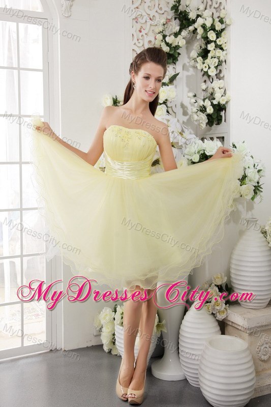 Light Yellow Organza Beaded Ruching Homecoming Cocktail Dresses