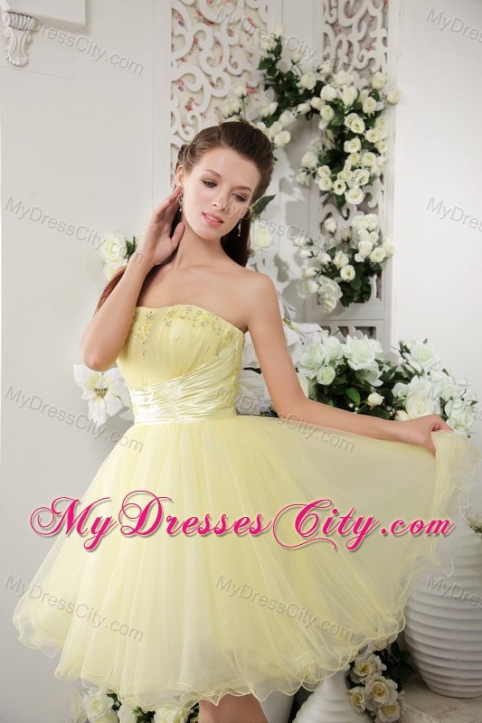 Light Yellow Organza Beaded Ruching Homecoming Cocktail Dresses