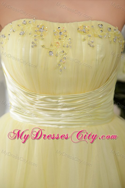 Light Yellow Organza Beaded Ruching Homecoming Cocktail Dresses