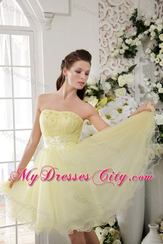 Light Yellow Organza Beaded Ruching Homecoming Cocktail Dresses