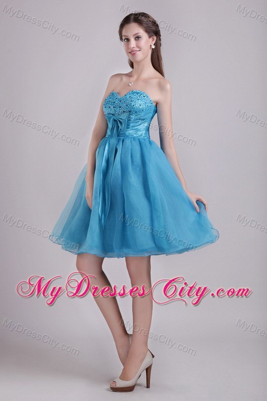 Sweetheart Beaded Organza Blue Cocktail Reception Dresses with Bow