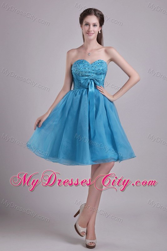 Sweetheart Beaded Organza Blue Cocktail Reception Dresses with Bow