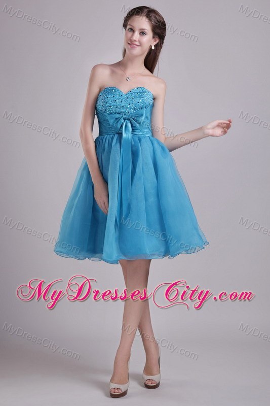 Sweetheart Beaded Organza Blue Cocktail Reception Dresses with Bow