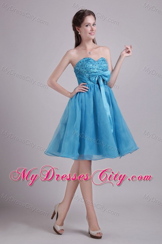 Sweetheart Beaded Organza Blue Cocktail Reception Dresses with Bow