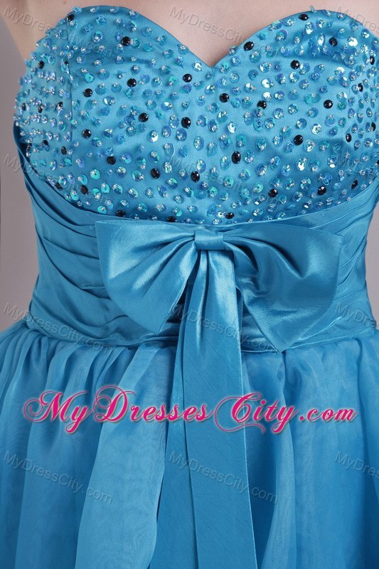 Sweetheart Beaded Organza Blue Cocktail Reception Dresses with Bow