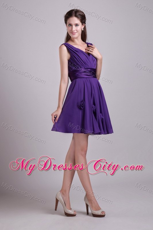 Cheap Flowers V-neck Ruching Chiffon Purple Cocktail Reception Dresses