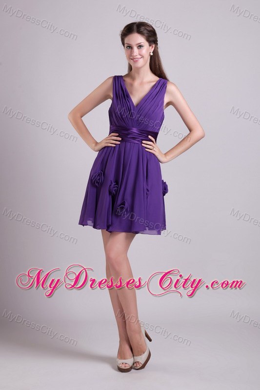 Cheap Flowers V-neck Ruching Chiffon Purple Cocktail Reception Dresses