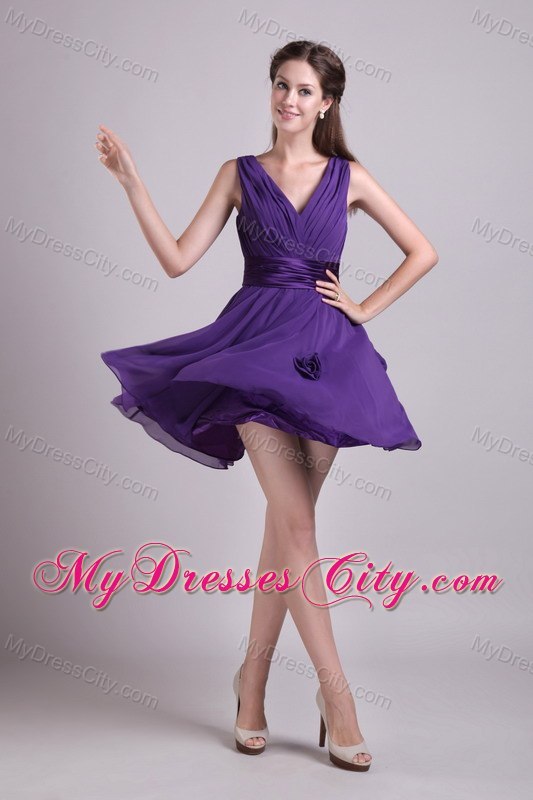 Cheap Flowers V-neck Ruching Chiffon Purple Cocktail Reception Dresses