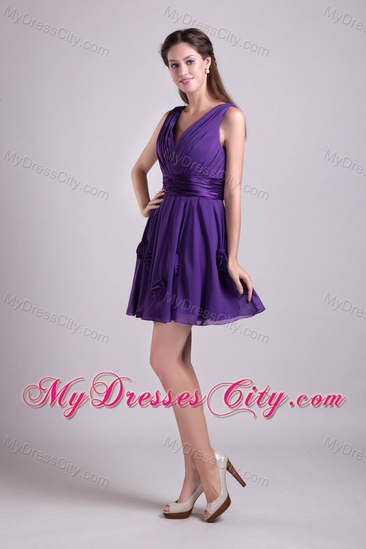 Cheap Flowers V-neck Ruching Chiffon Purple Cocktail Reception Dresses