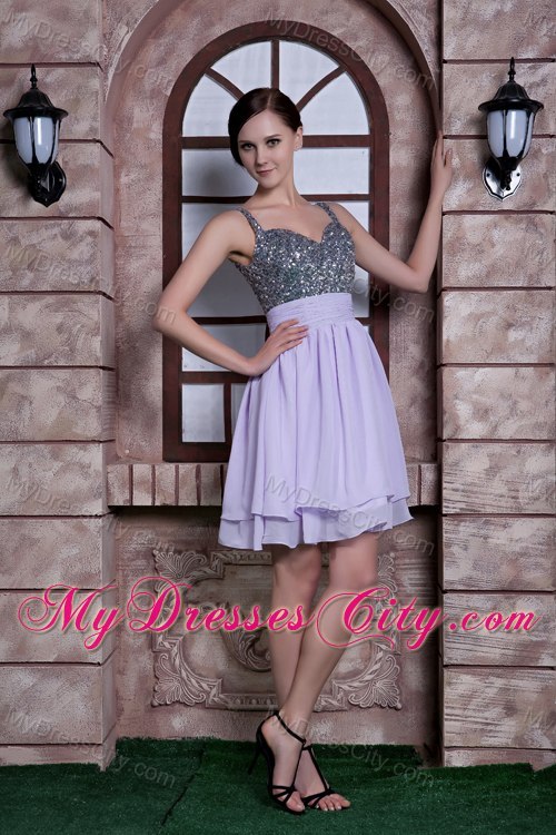 Spaghetti Straps Beaded Mini-length Lilac Cocktail Party Dresses