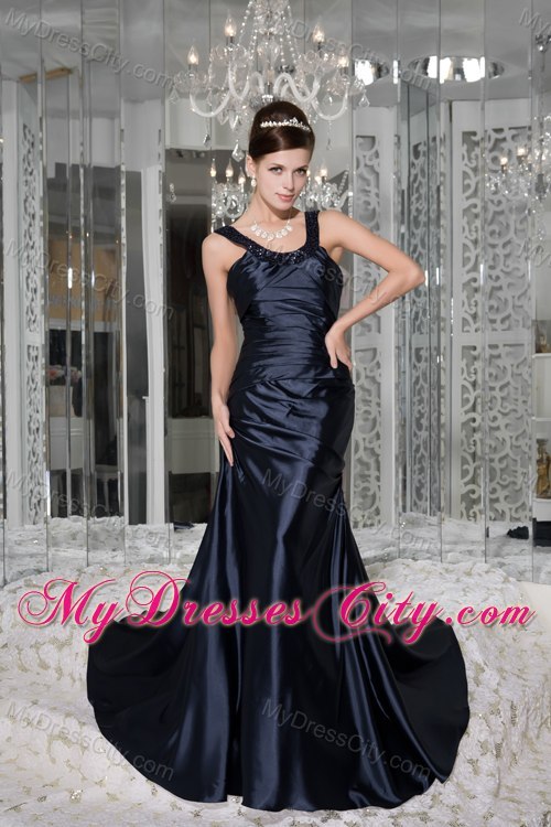 Elegant Scoop Beaded Brush Train Navy Blue Evening Cocktail Dress