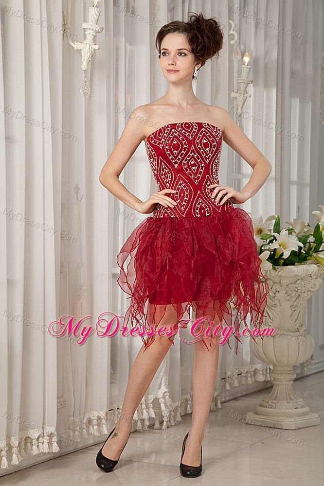 Beaded Organza Ruffles Mini-length Wine Red Cocktail Party Dresses