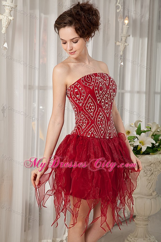 Beaded Organza Ruffles Mini-length Wine Red Cocktail Party Dresses