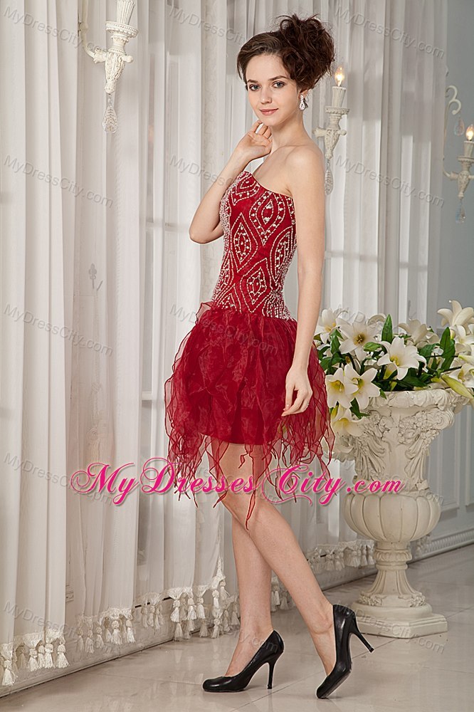 Beaded Organza Ruffles Mini-length Wine Red Cocktail Party Dresses