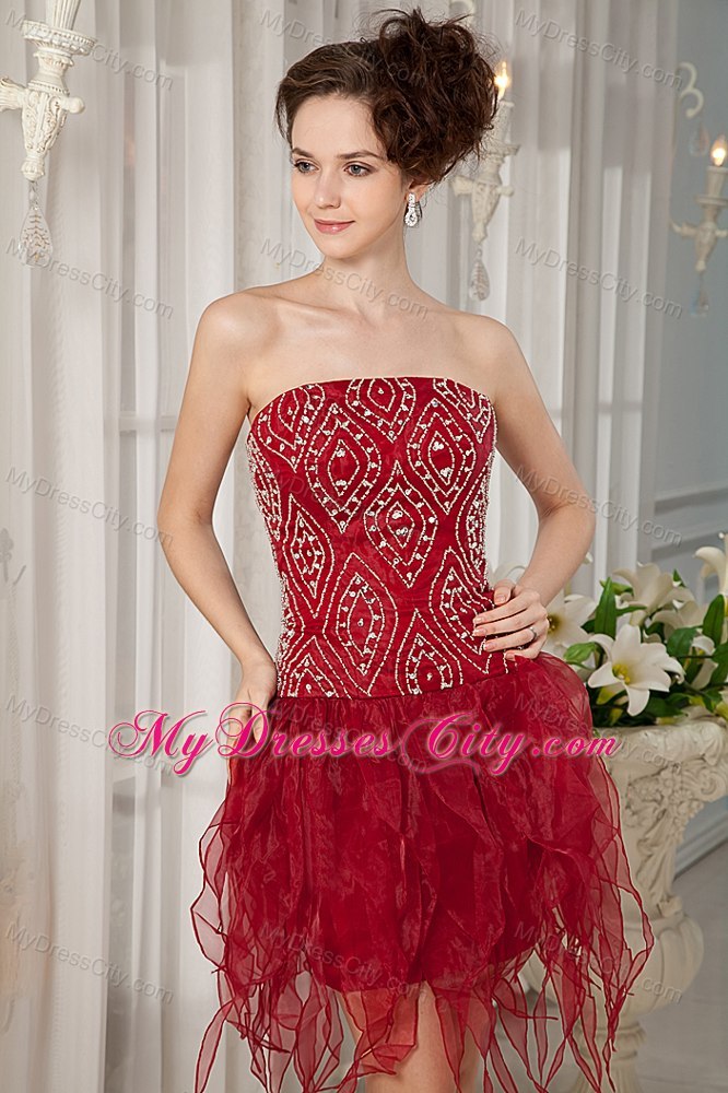 Beaded Organza Ruffles Mini-length Wine Red Cocktail Party Dresses