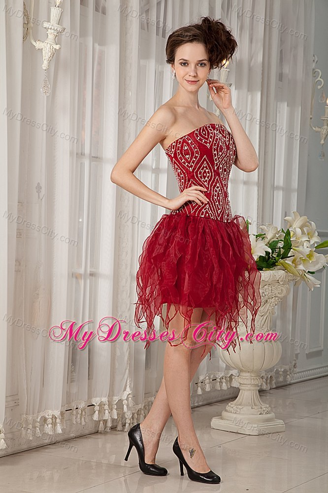 Beaded Organza Ruffles Mini-length Wine Red Cocktail Party Dresses