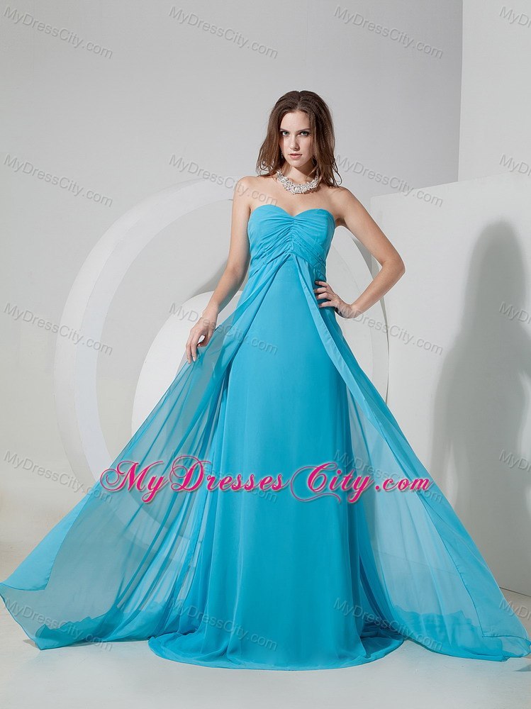 Aqua Blue Ruched Chiffon Brush Train Dama Dress for Quinceaneras