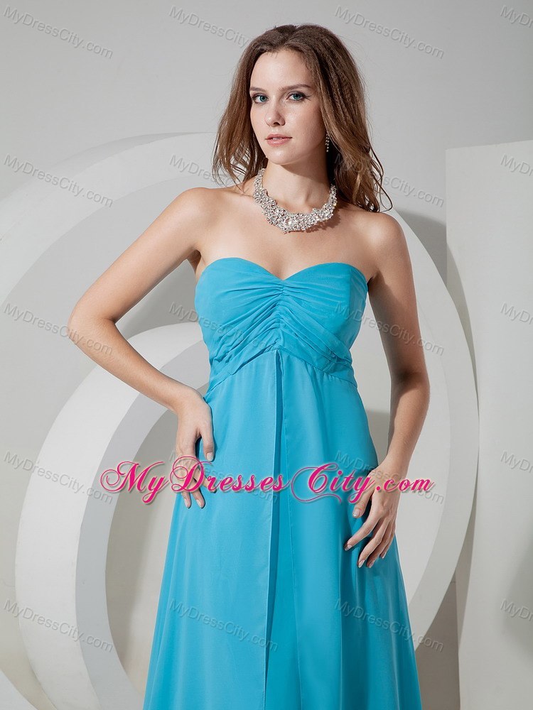 Aqua Blue Ruched Chiffon Brush Train Dama Dress for Quinceaneras