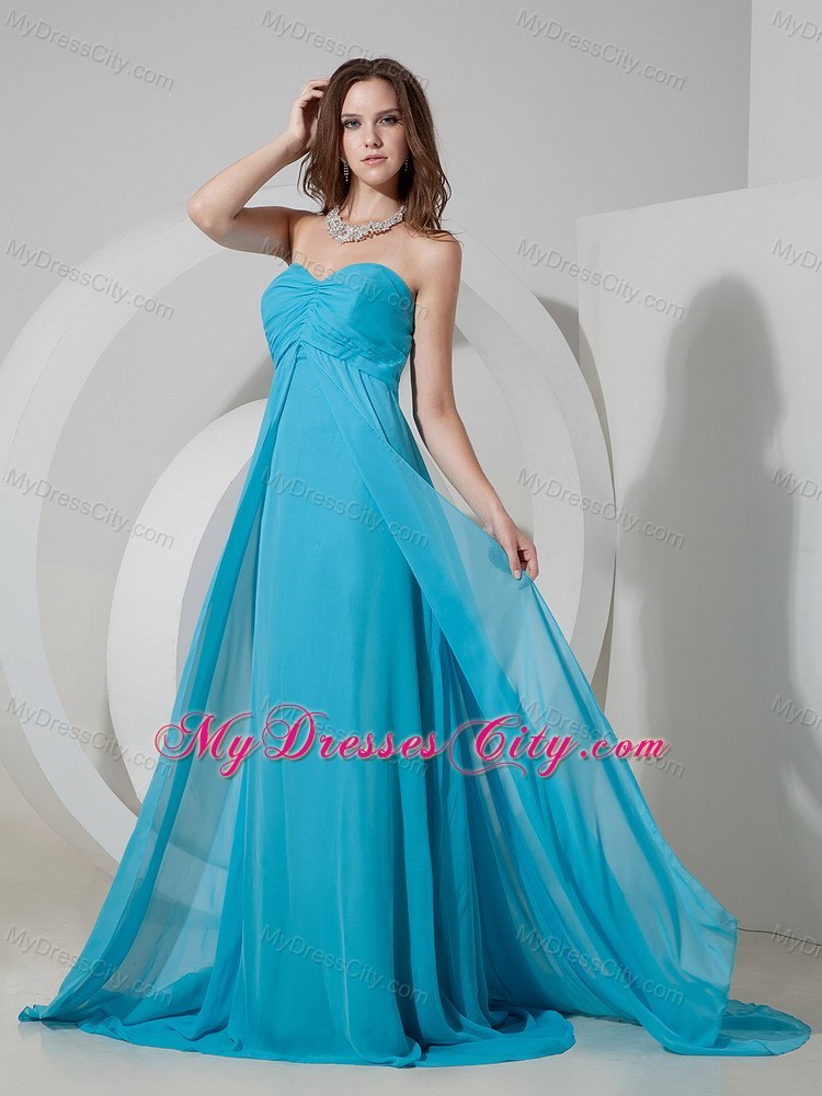 Aqua Blue Ruched Chiffon Brush Train Dama Dress for Quinceaneras