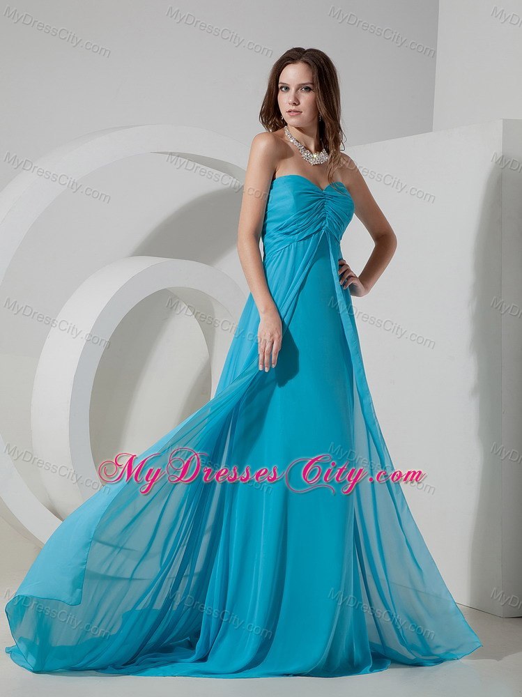 Aqua Blue Ruched Chiffon Brush Train Dama Dress for Quinceaneras