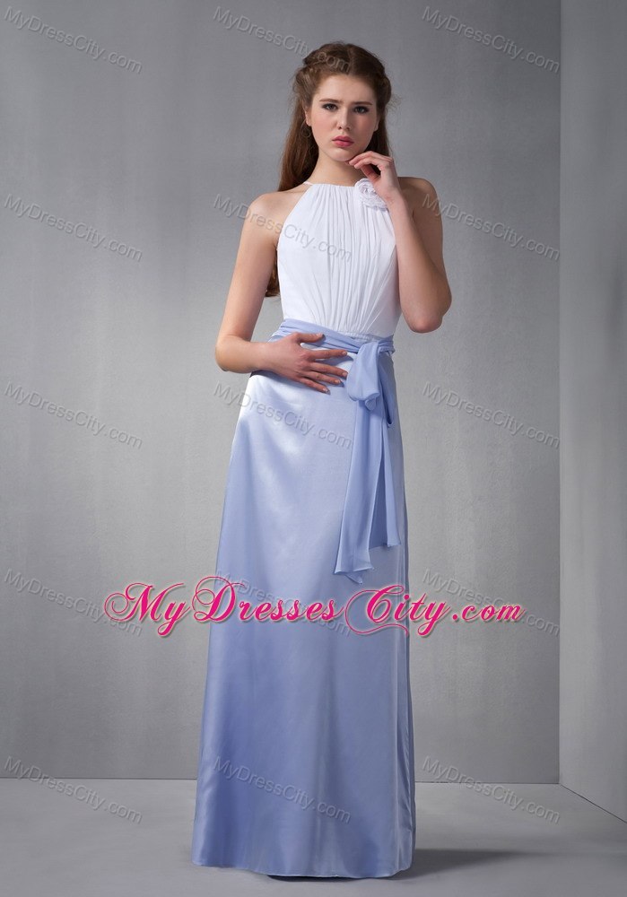 Ruched Chiffon Sash White and Lilac Damas Dresses with Cool Neckline