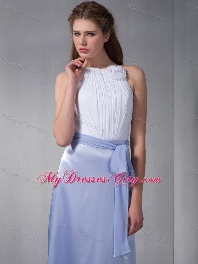 Ruched Chiffon Sash White and Lilac Damas Dresses with Cool Neckline