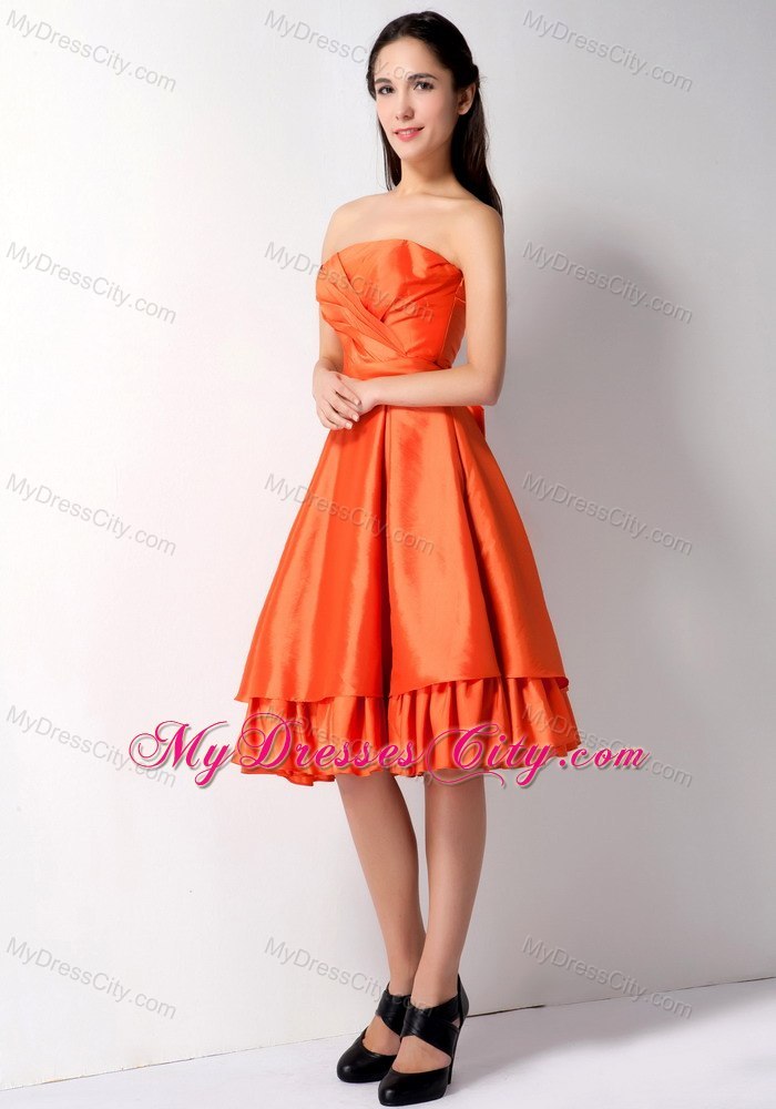 Knee-length Ruched Bowknot Back Orange Red Quince Dama Dresses