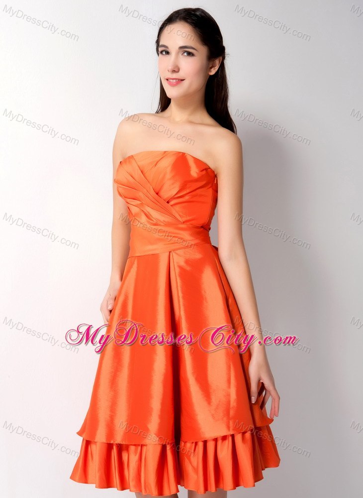 Knee-length Ruched Bowknot Back Orange Red Quince Dama Dresses