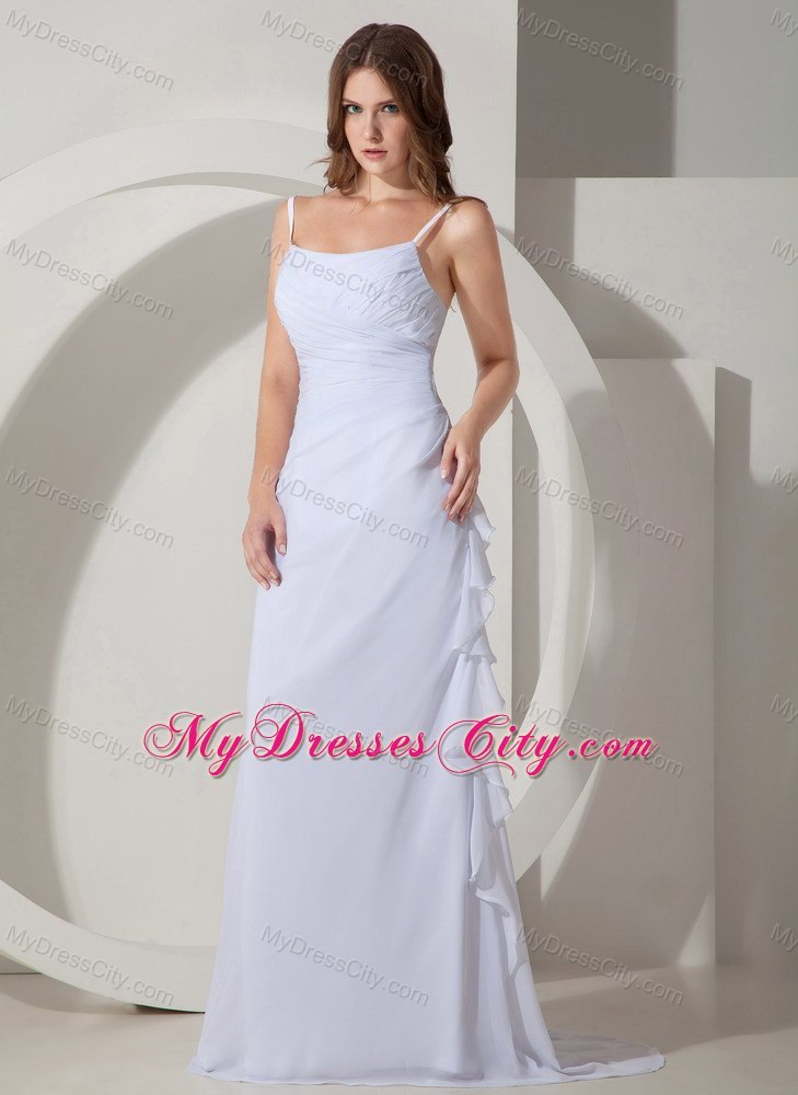 Spaghetti Straps Ruffles Side Brush Train Chiffon White Dama dress