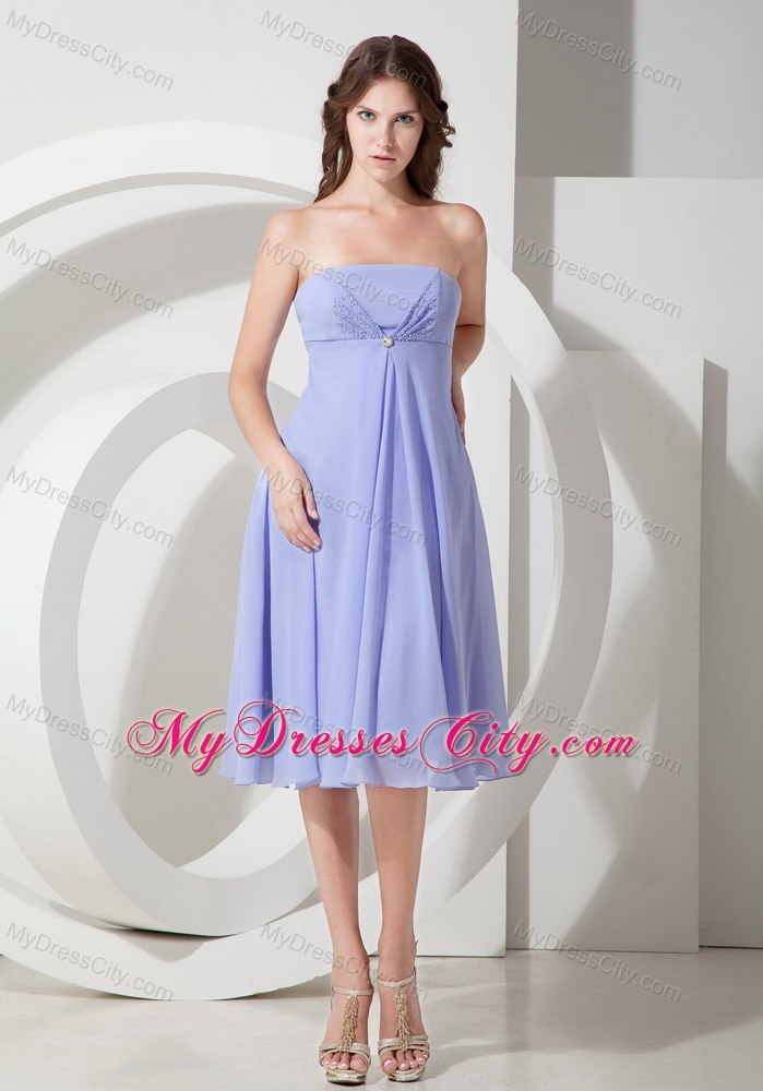 Lilac Chiffon Empire Tea-length Strapless Bridesmaid Dama Dresses