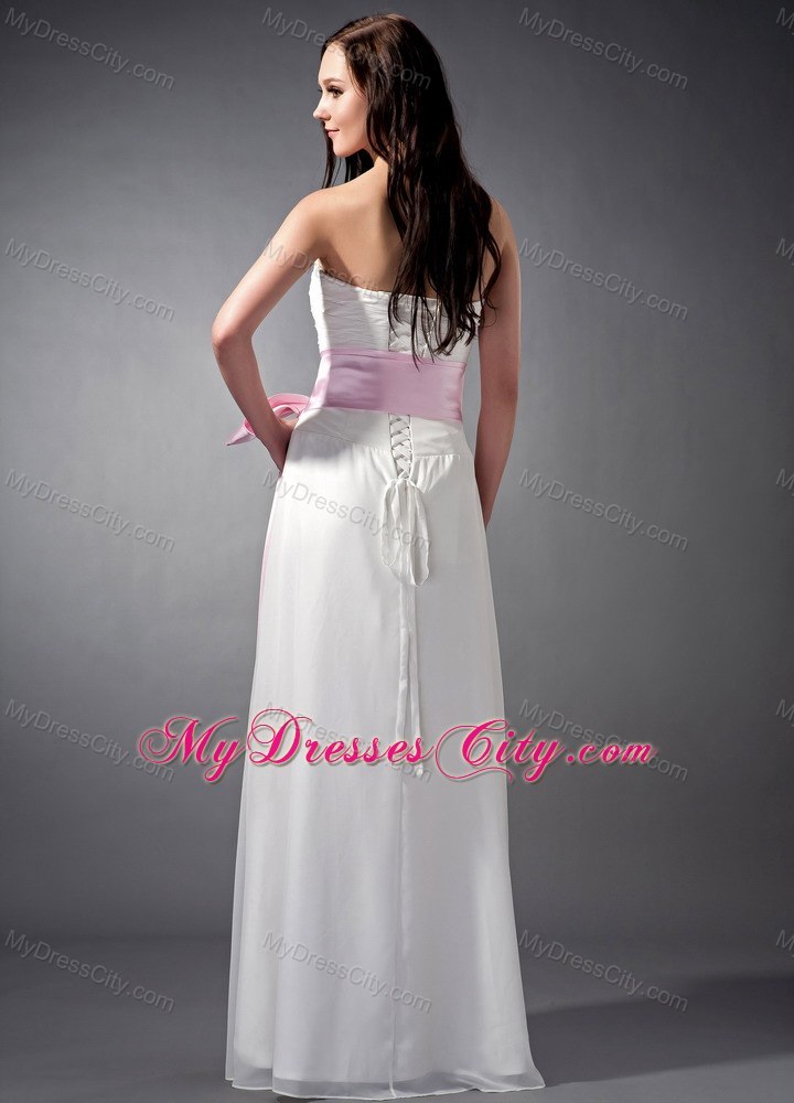 Empire White Strapless Bridesmaid Dama Dresses with Pink Sash