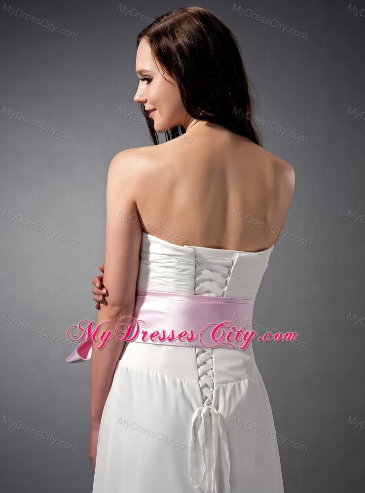 Empire White Strapless Bridesmaid Dama Dresses with Pink Sash