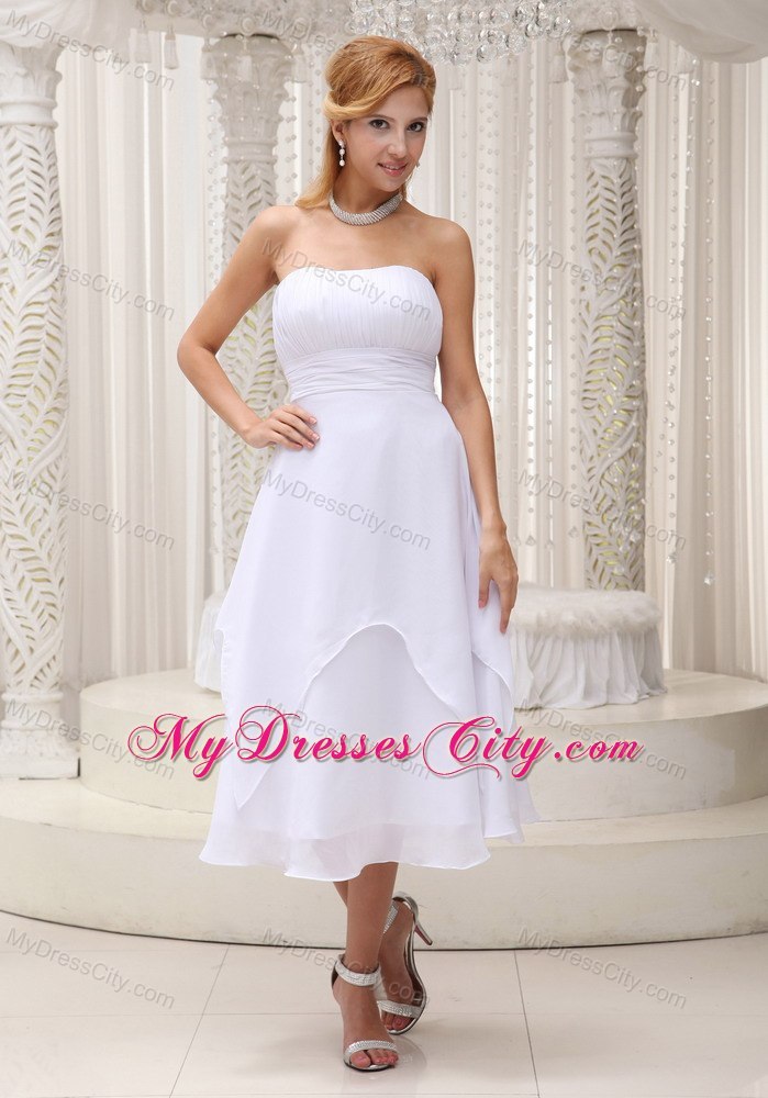 Simple Ruched White Chiffon Wedding Dress Tea-length Zipper-back