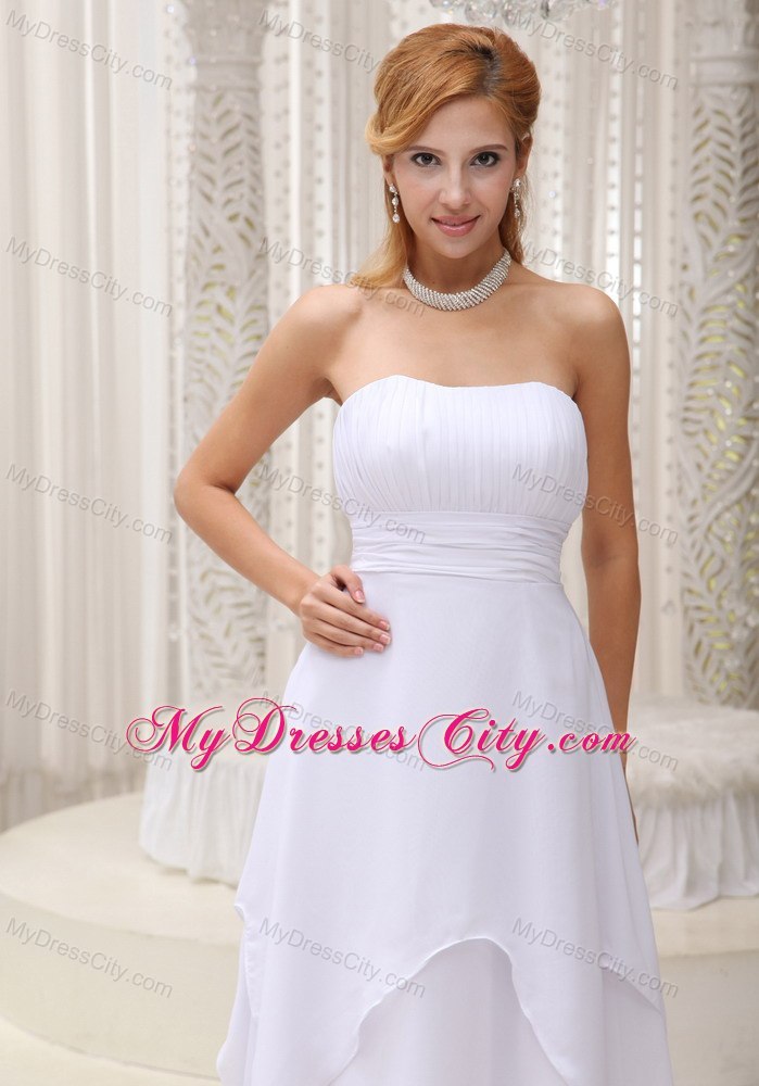 Simple Ruched White Chiffon Wedding Dress Tea-length Zipper-back