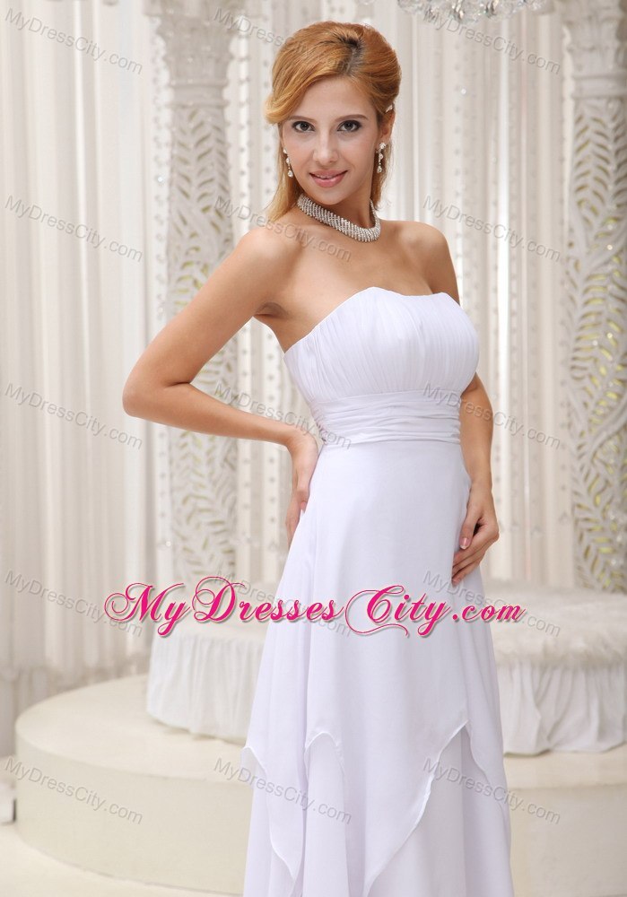 Simple Ruched White Chiffon Wedding Dress Tea-length Zipper-back