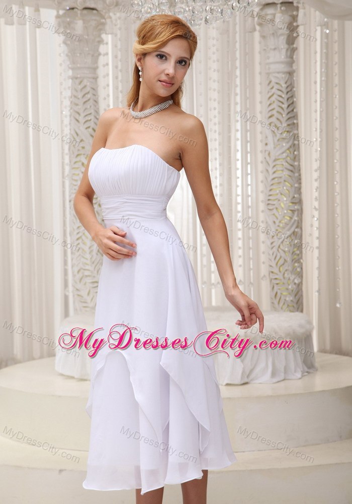 Simple Ruched White Chiffon Wedding Dress Tea-length Zipper-back