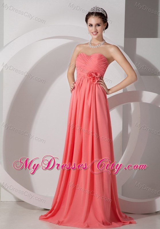 Chiffon Ruched Flowers Brush Train Watermelon Prom Dresses for Dama