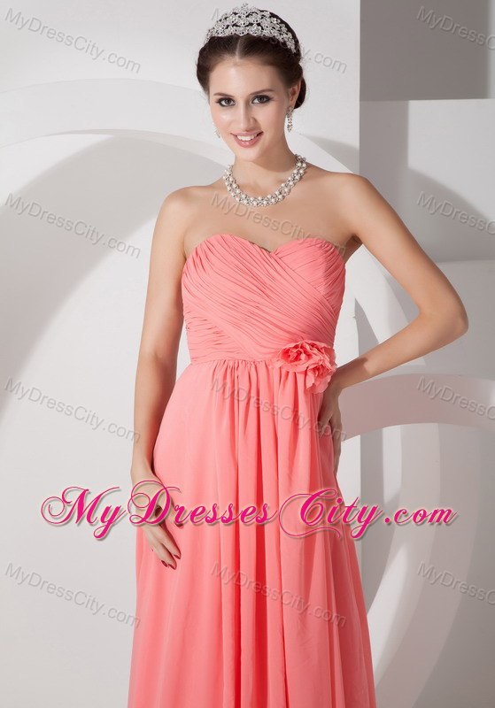 Chiffon Ruched Flowers Brush Train Watermelon Prom Dresses for Dama