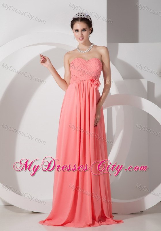 Chiffon Ruched Flowers Brush Train Watermelon Prom Dresses for Dama