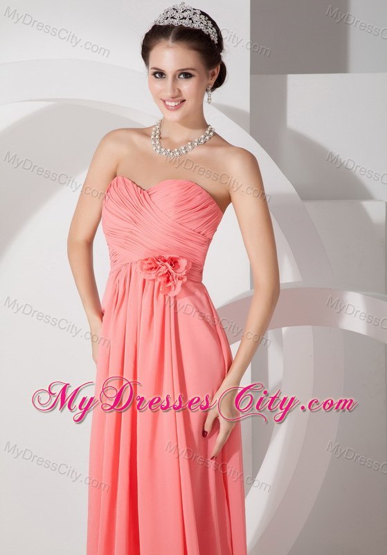 Chiffon Ruched Flowers Brush Train Watermelon Prom Dresses for Dama