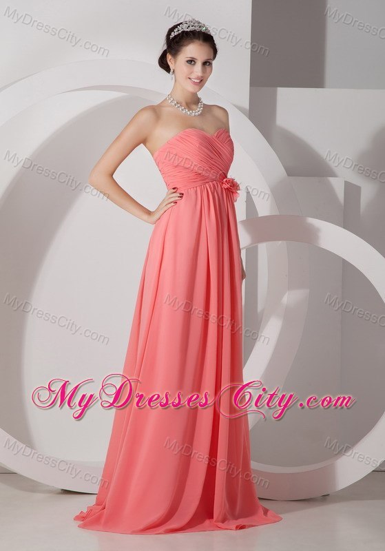 Chiffon Ruched Flowers Brush Train Watermelon Prom Dresses for Dama