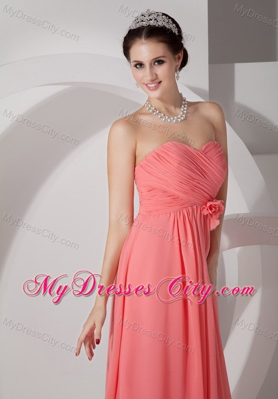 Chiffon Ruched Flowers Brush Train Watermelon Prom Dresses for Dama