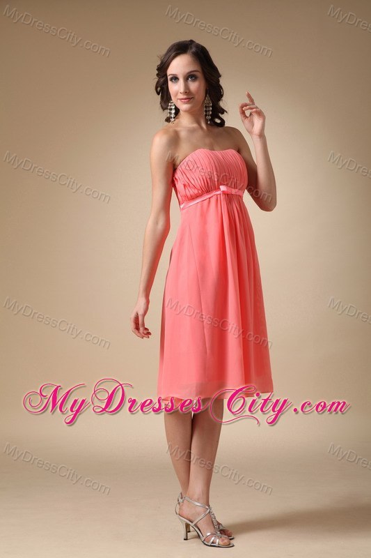 Knee-length Empire Chiffon Ruched Watermelon Quince Dama Dresses