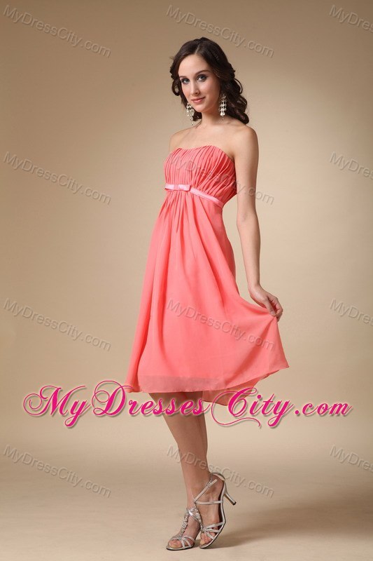 Knee-length Empire Chiffon Ruched Watermelon Quince Dama Dresses